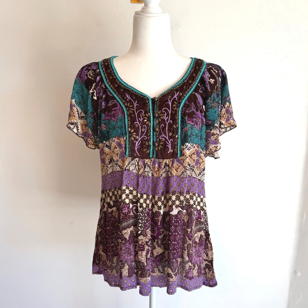 Beaded Embroidered Blouse Top Petite M Purple Teal Boho Fairycore Gypsy Y2K